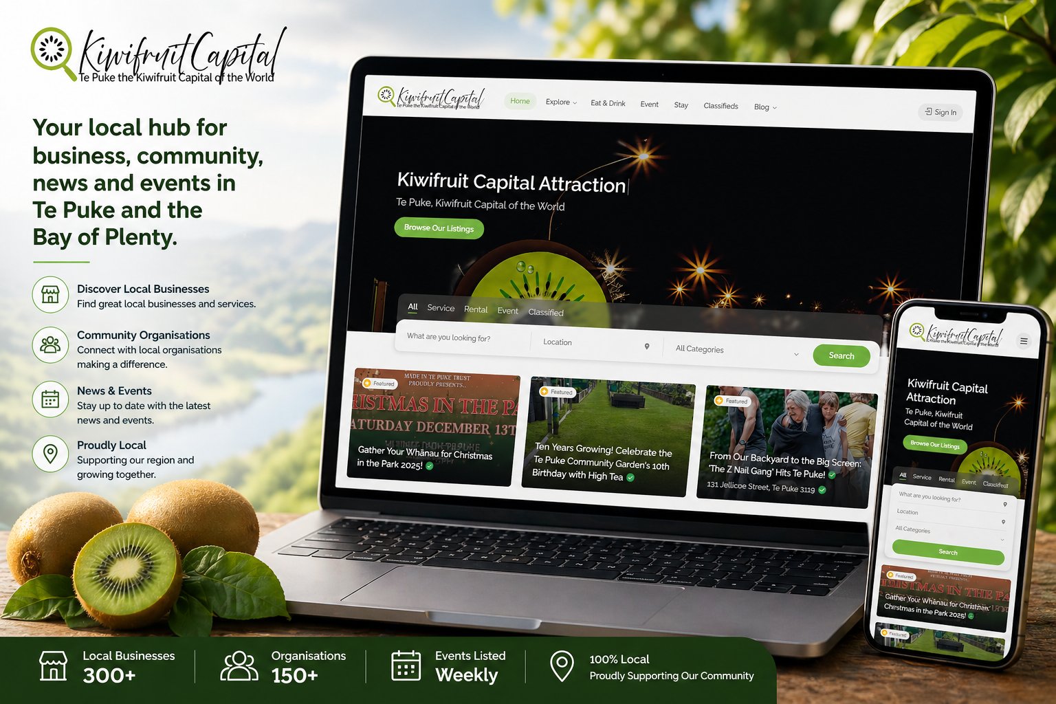 Kiwifruit Capital community directory website shown on desktop and mobile devices